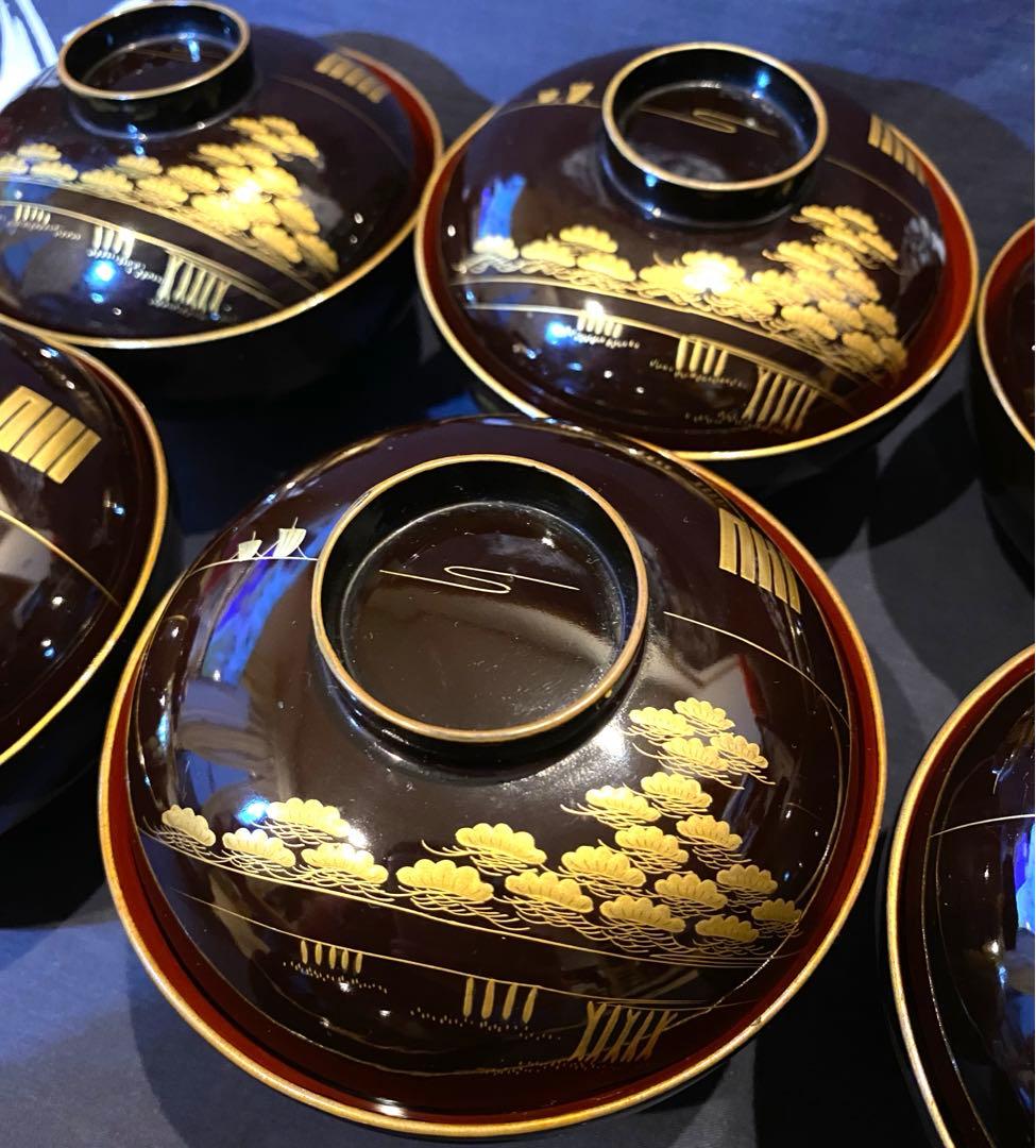 時代物骨董　木製漆器吸物椀七客　蒔絵・黒内朱　源氏物語　松風・葵の上　7客組