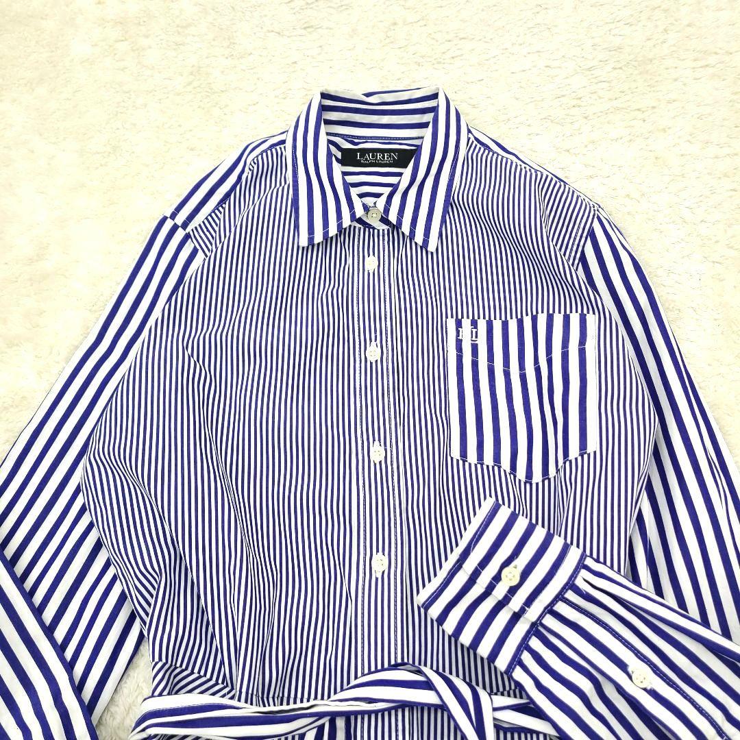 【美品】現行　ローレンラルフローレン　シャツワンピース　ストライプ　ベルト　刺繍