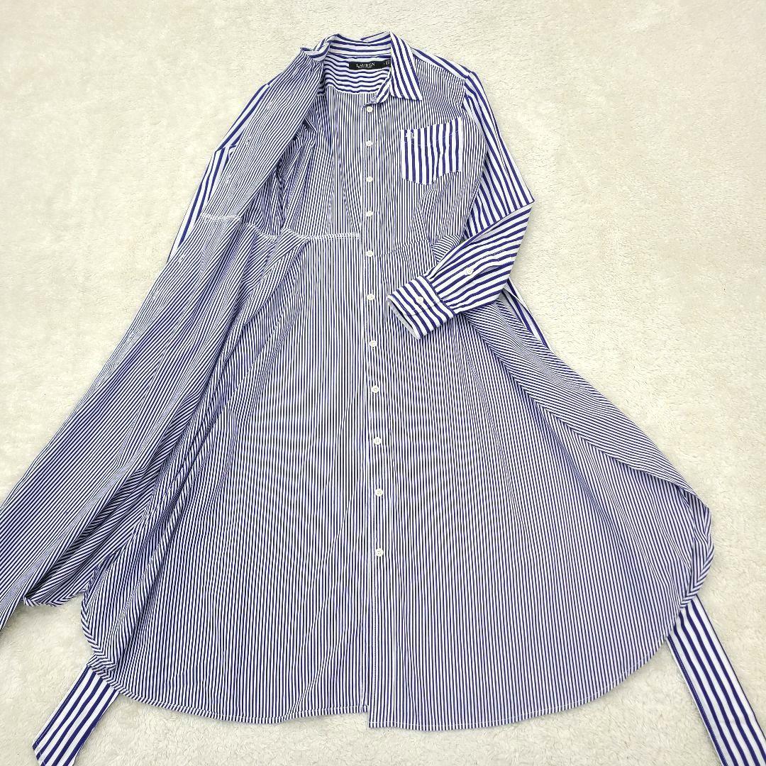 【美品】現行　ローレンラルフローレン　シャツワンピース　ストライプ　ベルト　刺繍