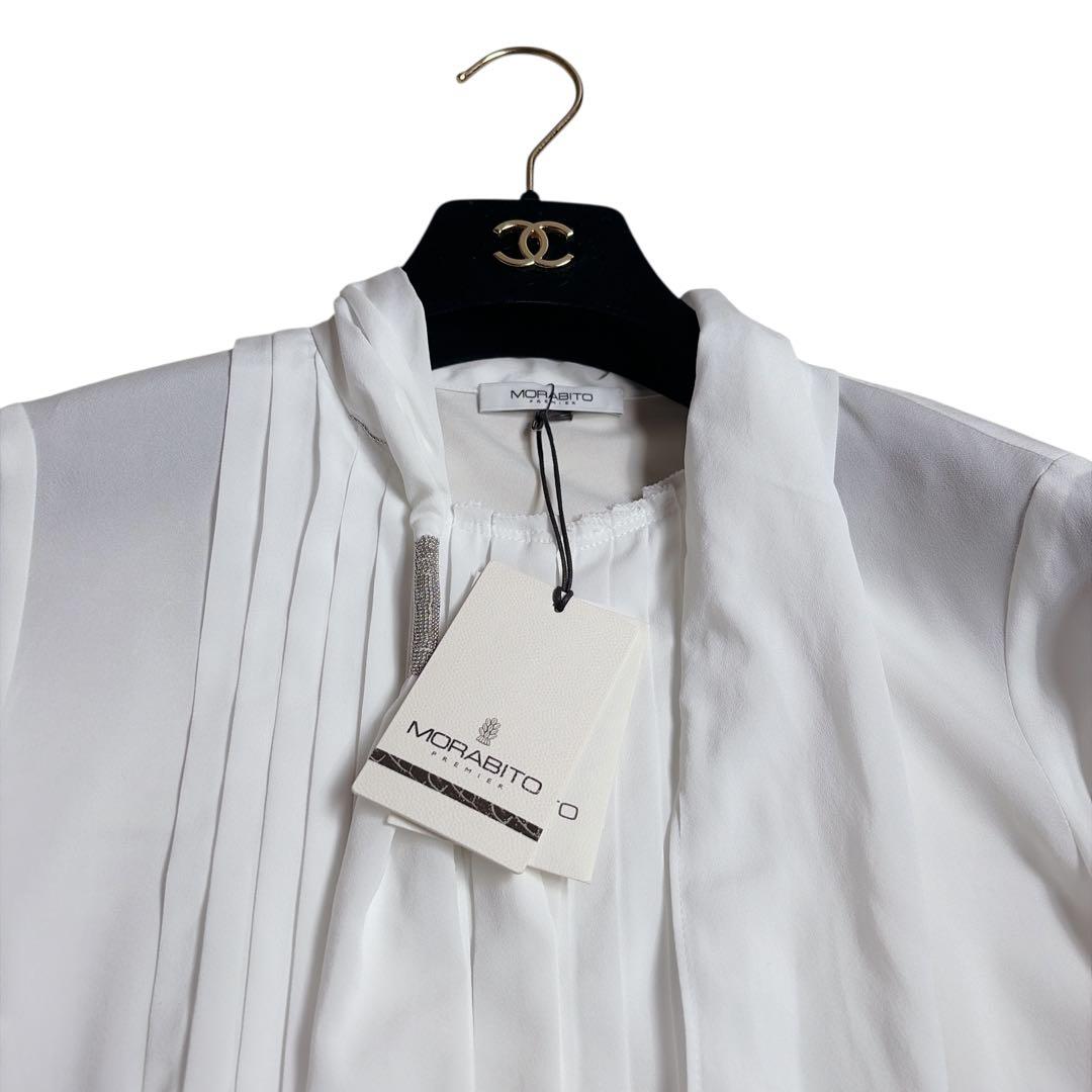 新品6.5万 モラビトプルミエ クリスタル装飾 ボウタイブラウス 白 38