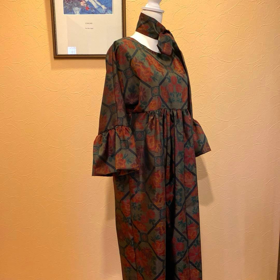 着物リメイク　大島紬ファッション　フリル袖のギャザーワンピース　マキシ丈