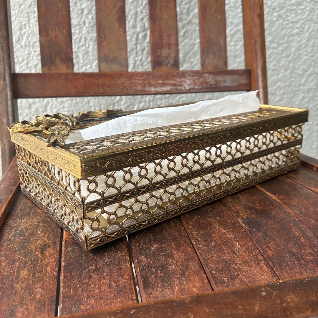 豪華50s リボン型アメリカアンティーク金属製ティッシュケースUSAヴィンテージ