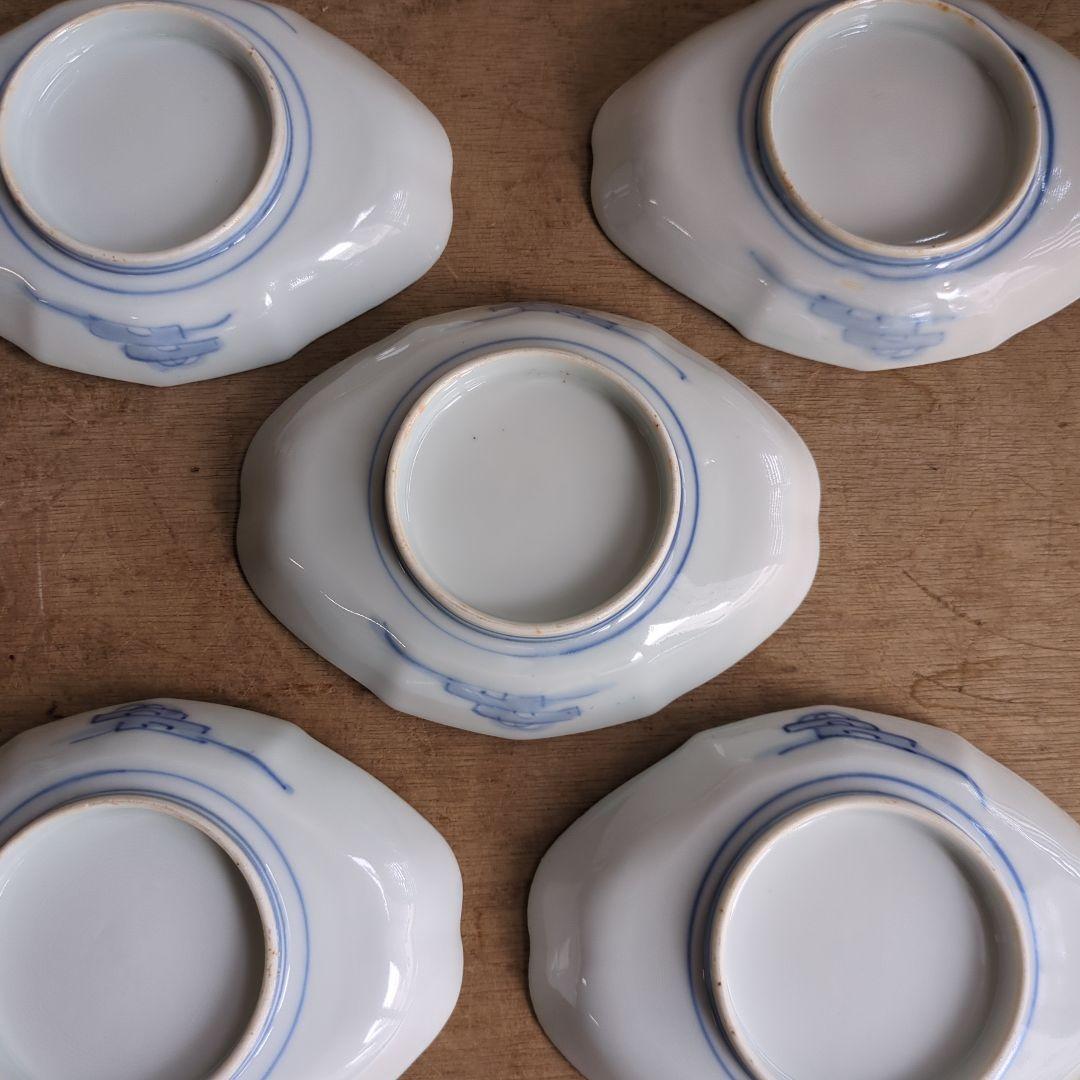 骨董 伊万里 変形皿 ひし形 錦出 色絵 向付 陶器 アンティーク 5枚