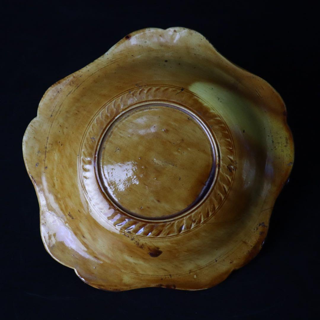 江戸時代 珉平焼 黄釉獅子図皿 木箱付 淡路焼