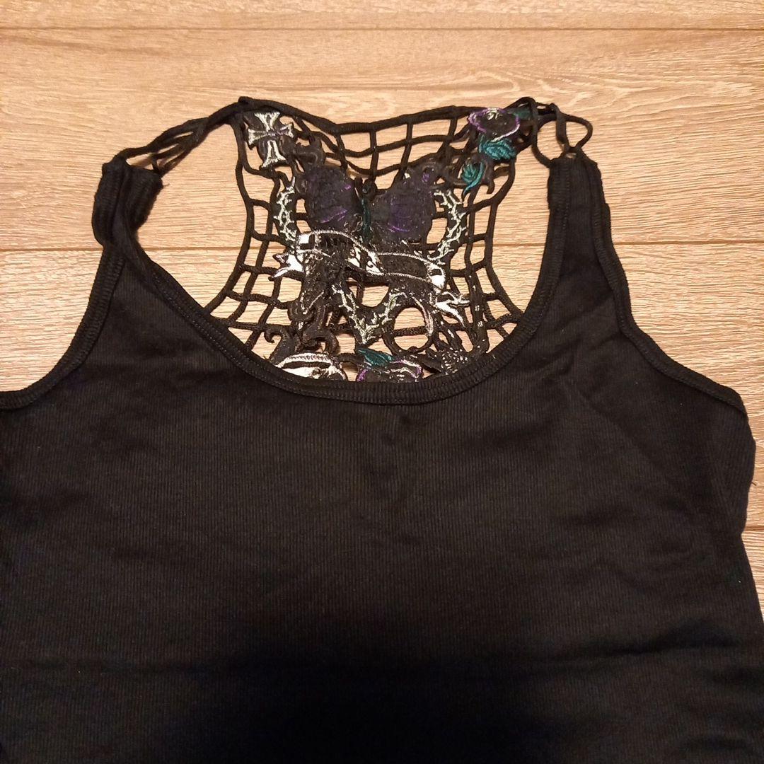 スカルとバラ刺繍レースバックキャミソール