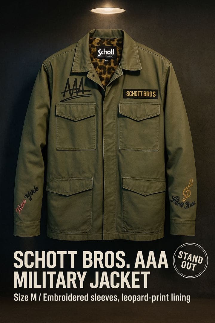 Schott ヒョウ柄 裏地ミリタリージャケット M 刺繍あり
