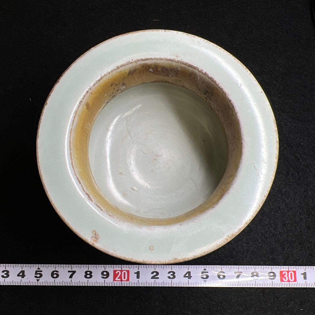 中国明時代　龍泉窯　白砡摘唐木台青磁香炉　木箱付　東Y8-0128☆2Fトカサ