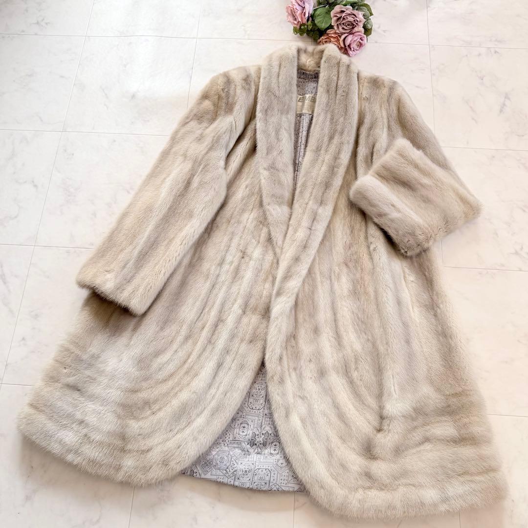 希少デザイン エンバ サファイア フレア ファーコート 毛皮 ショールカラー紋様