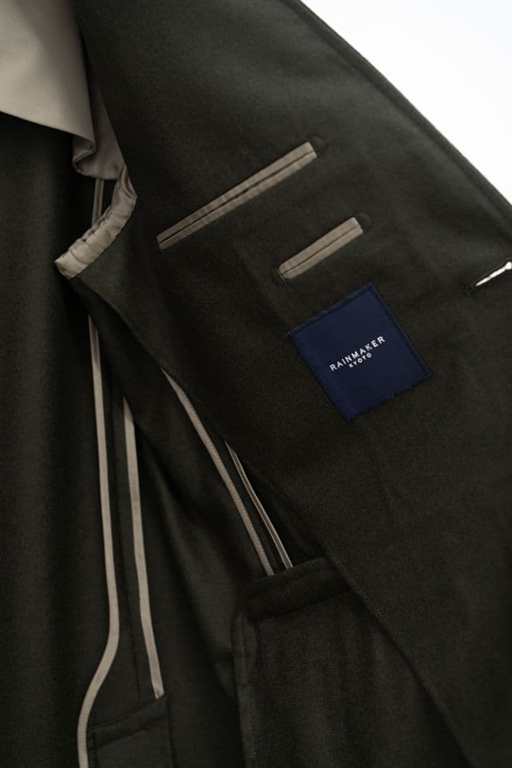 【新品未使用品】RAINMAKER ノーカラーロングジャケット ダークオリーブ
