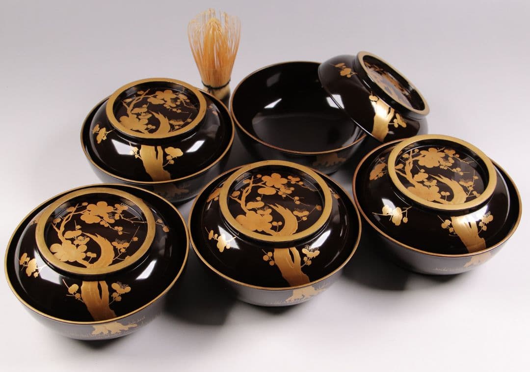 CG79 時代輪島塗 梅金蒔絵 金縁 黒塗椀 五客 木製漆器 / 懐石煮物吸物