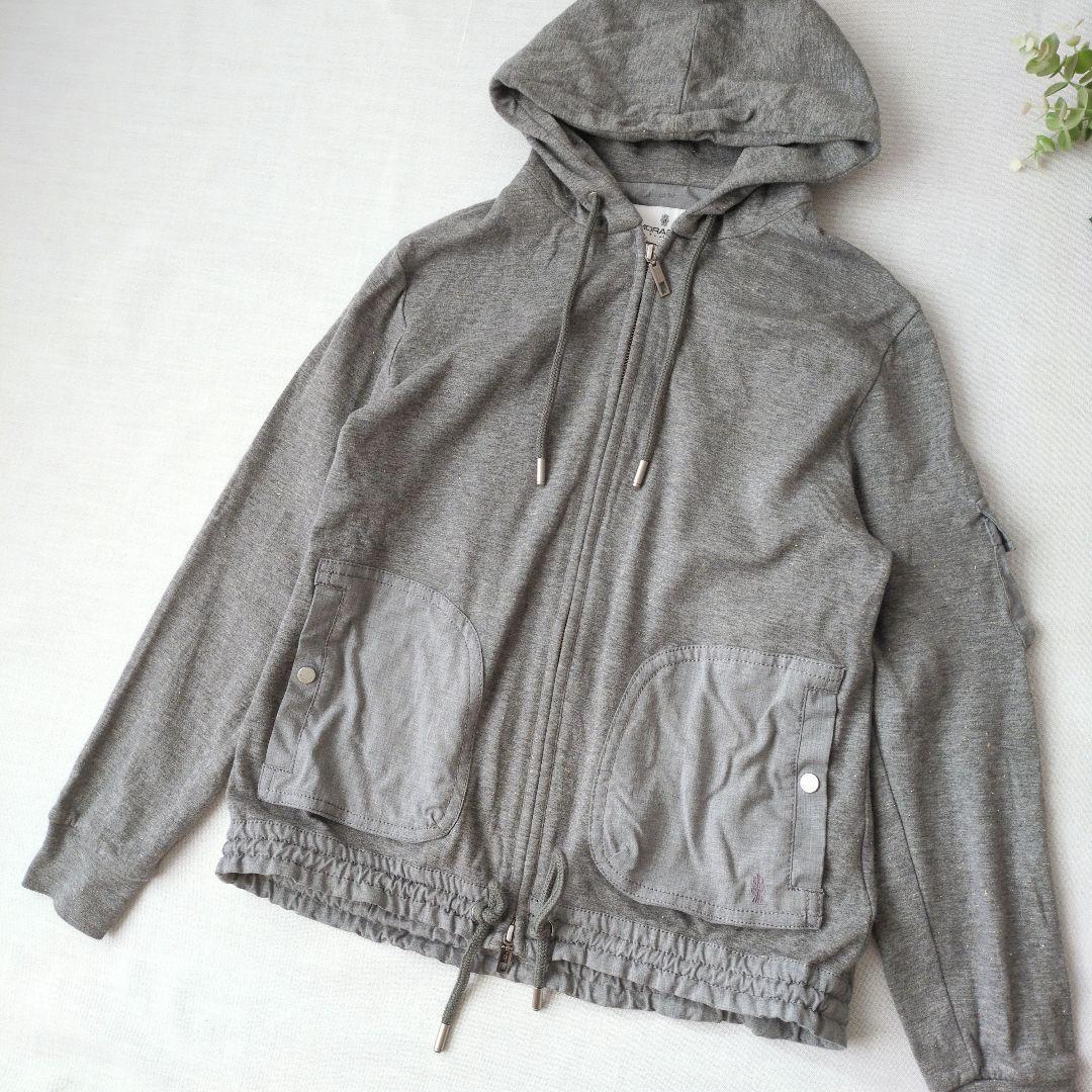 モラビトブラン　フード付きパーカー　40　ラメ混　グレー　ロゴ刺繍　ダブルジップ