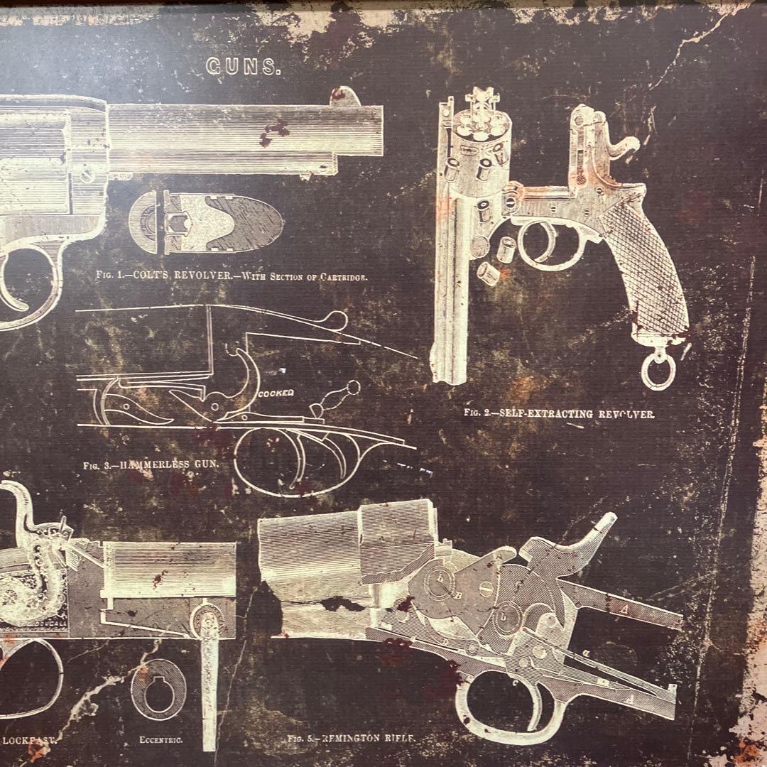 特大　ビンテージ銃器図面アートプリント木製額縁