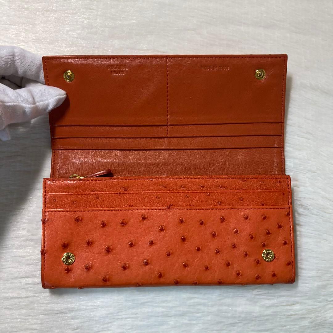 希少　美品　PRADA プラダ　長財布　オレンジ　ダチョウ革　Struzzo 橙