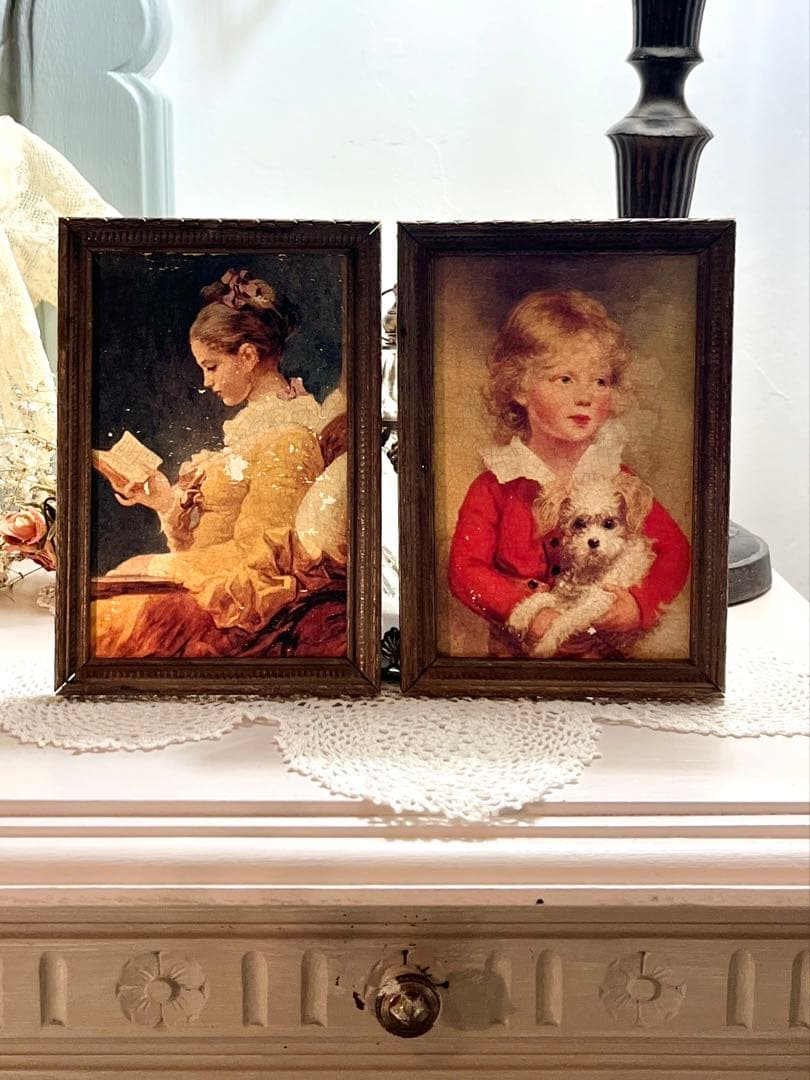 ◆フランスアンティーク｜世界の名画1700年代肖像画子供女の子木製額壁掛け絵画