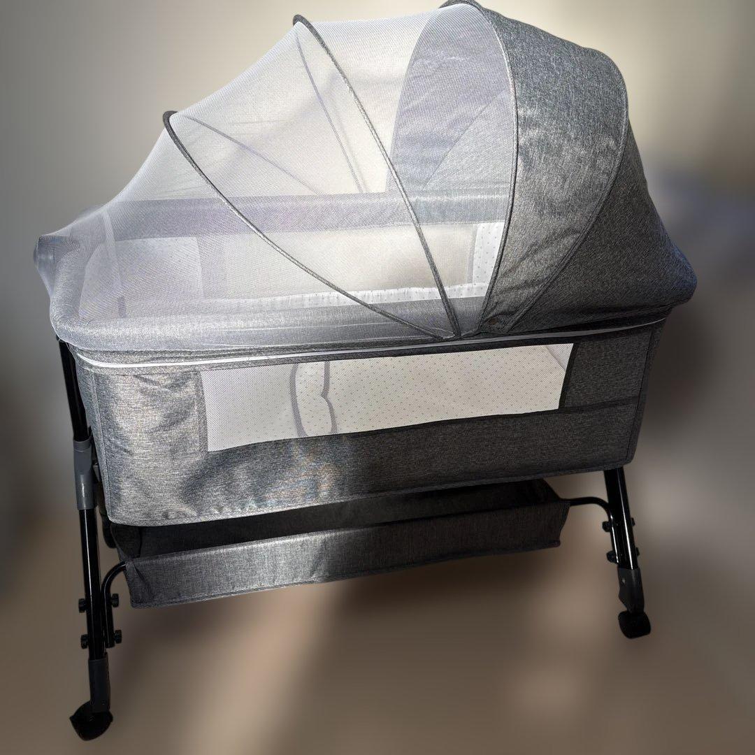 【美品】グレー　ベビーベッド 蚊帳カバー付き