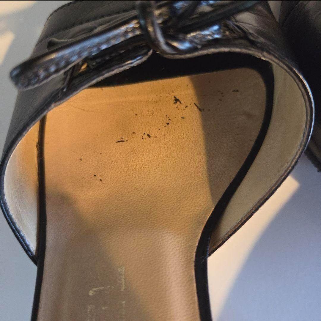 シャネル　 ブラック　レザーサンダル 中ヒール　リボン付き　22.5㎝