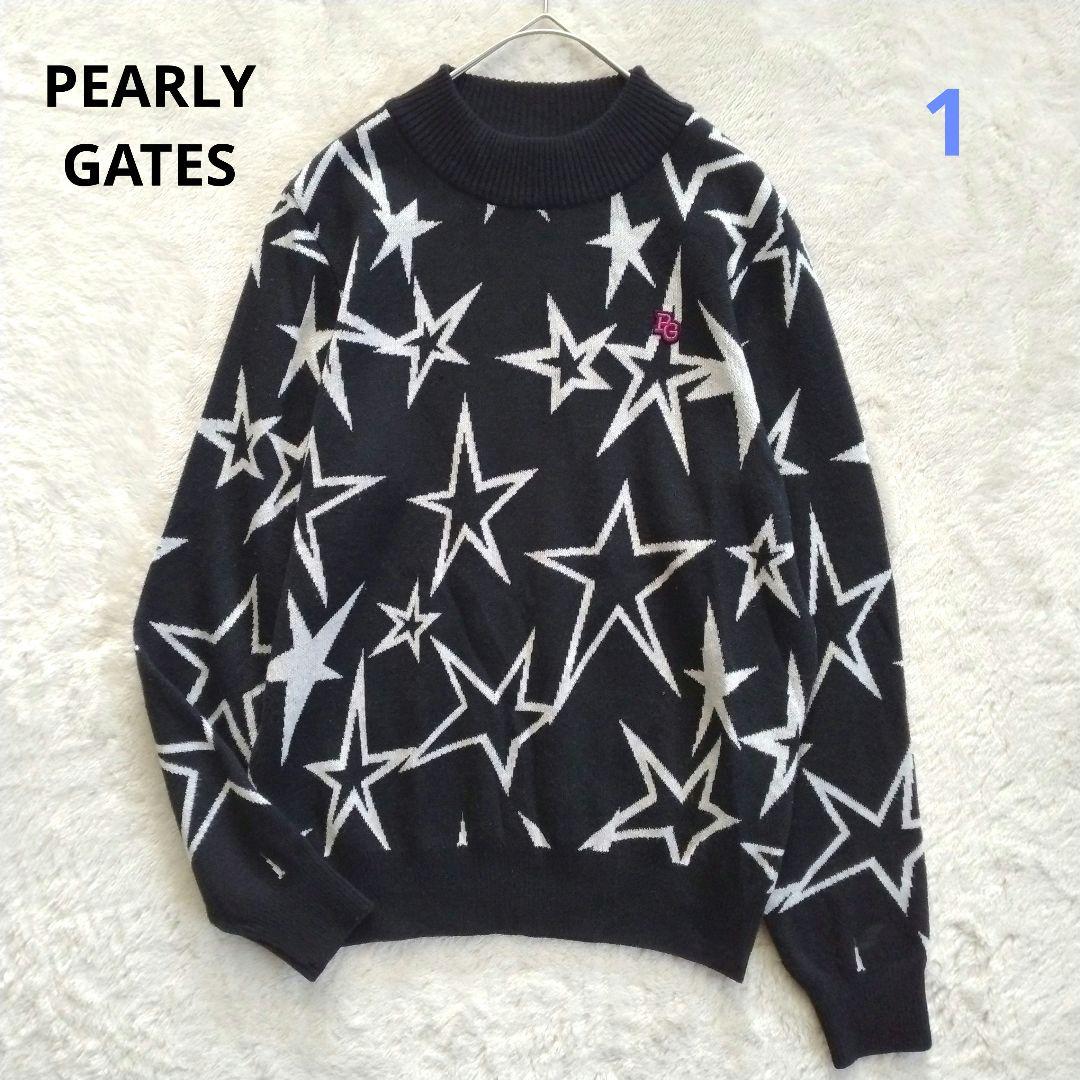 パーリーゲイツ　ウール 刺繍 星柄ジャガード モックネック ニット プルオーバー