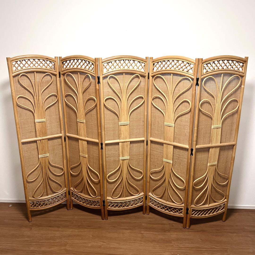 籐家具 ラタン 5連 パーテーション ブラインド 間仕切り 衝立 昭和レトロ