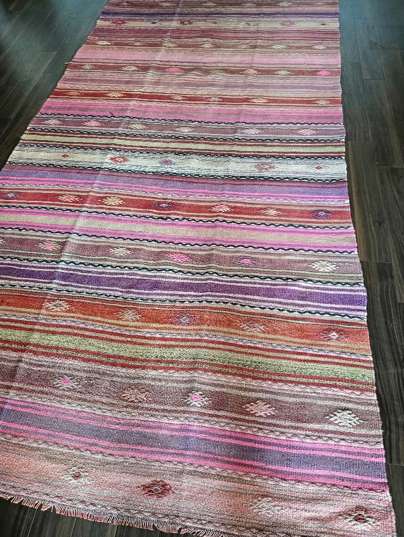 特大7.6kg 140×280色のパステルピンクのオールドキリム　カイセリ