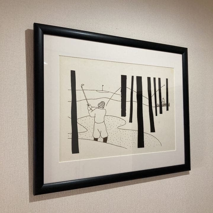 希少 唐仁原 教久 モノクロ イラスト 原画 絵画 ゴルフ ①