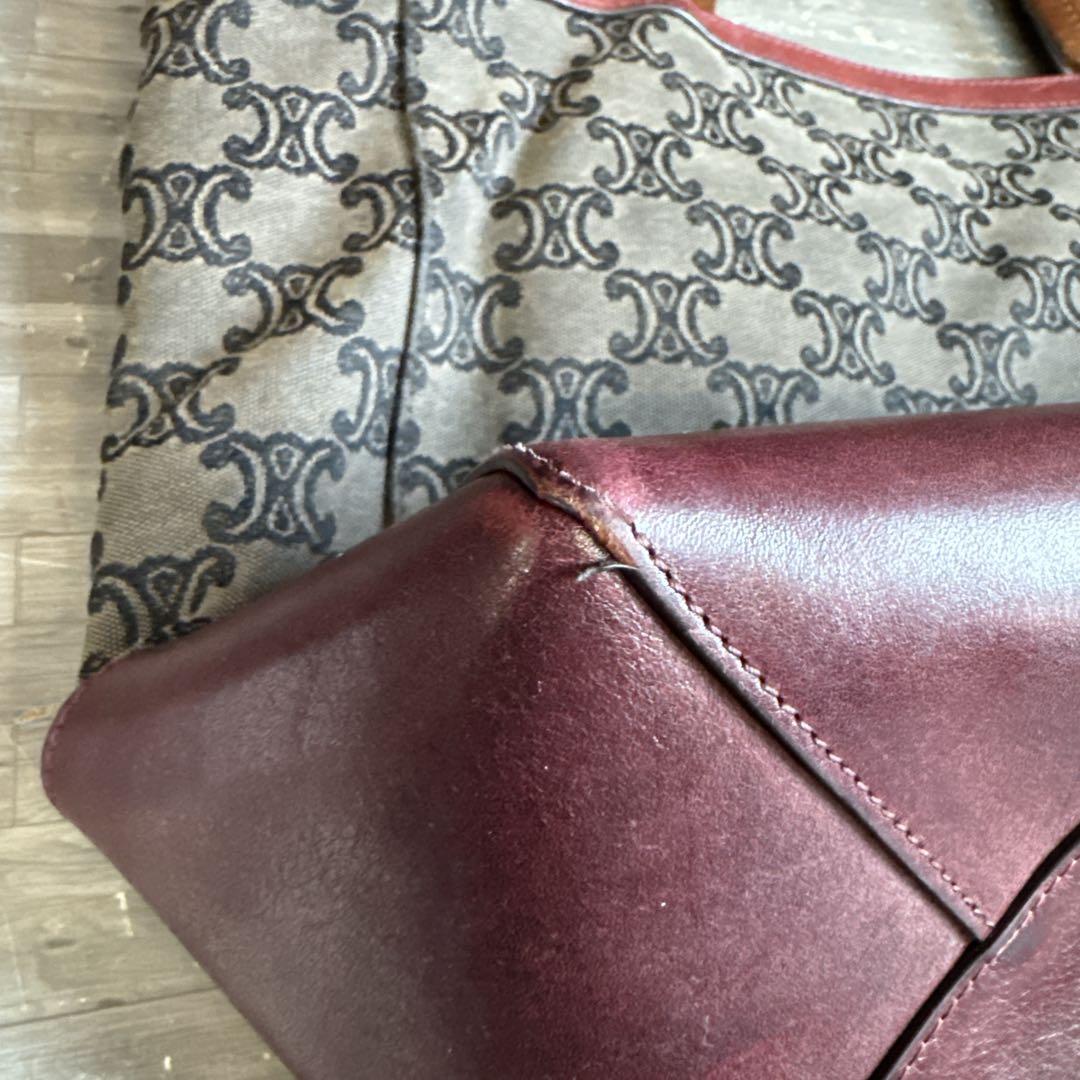 CELINE セリーヌ マカダム柄 トートバッグ キャンバス×レザー ボルドー系