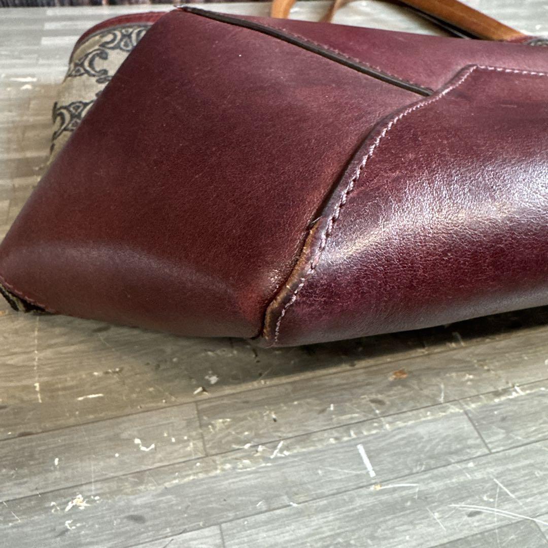 CELINE セリーヌ マカダム柄 トートバッグ キャンバス×レザー ボルドー系