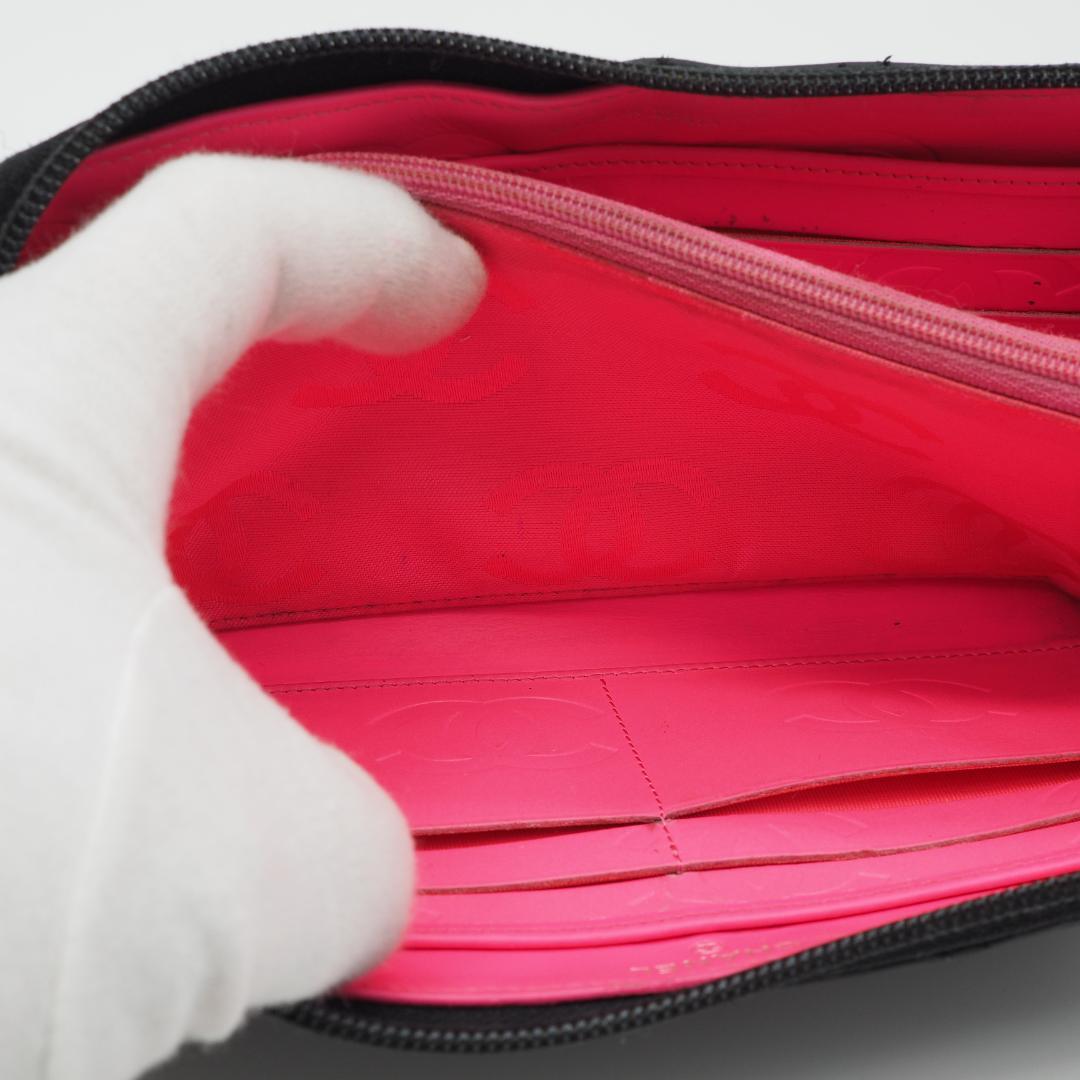 【美品】シャネル カンボンライン ラウンドファスナー 長財布 黒×ピンク