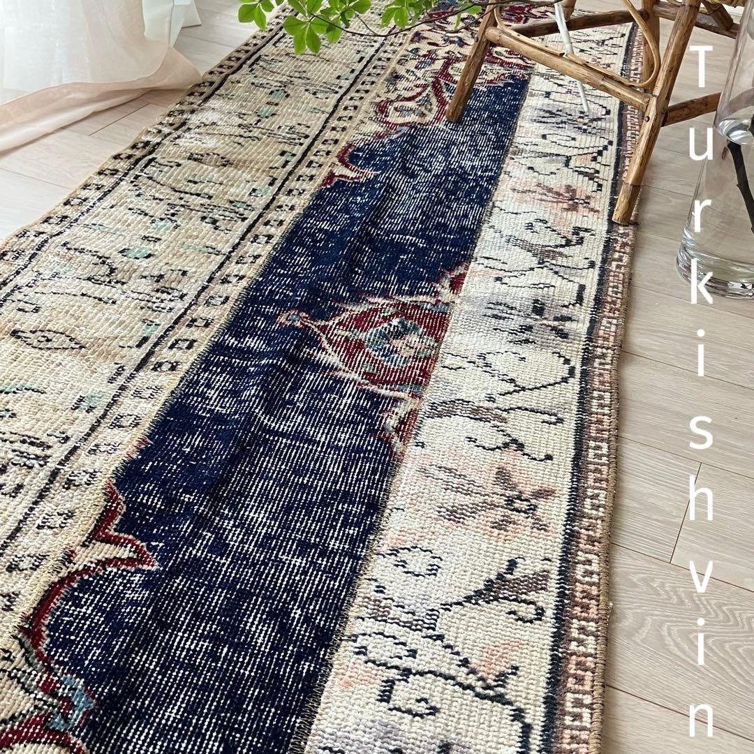 超ロングネイビー65×249レッド　パッチワークランナー　トルコヴィンテージラグ