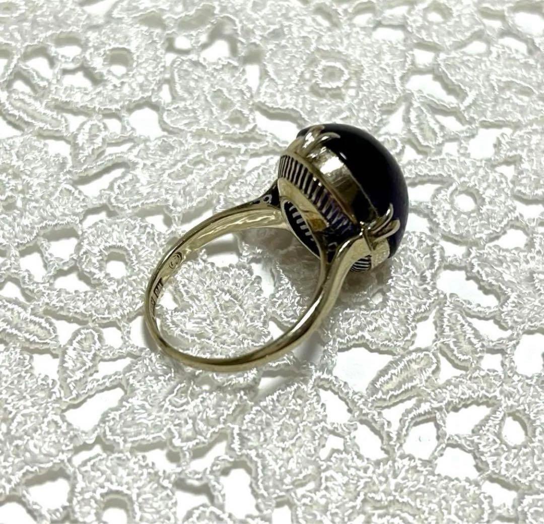 k14WG アメジストカボション リング 千本透かし レトロ