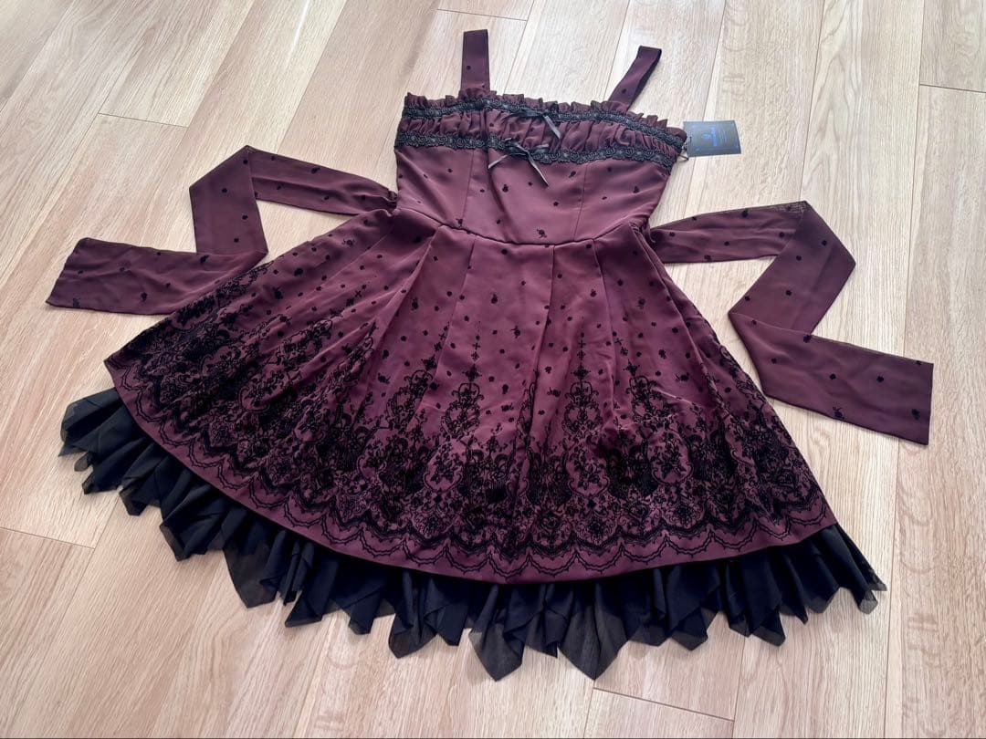 Moi meme Moitieレア品フロッキープリントJSKボルドー新品タグ付き