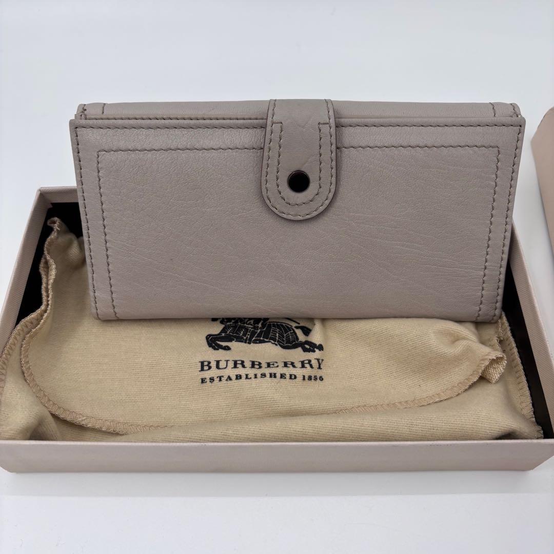 美品 バーバリー レザー長財布 グレージュ ノバチェック 二つ折り 箱付