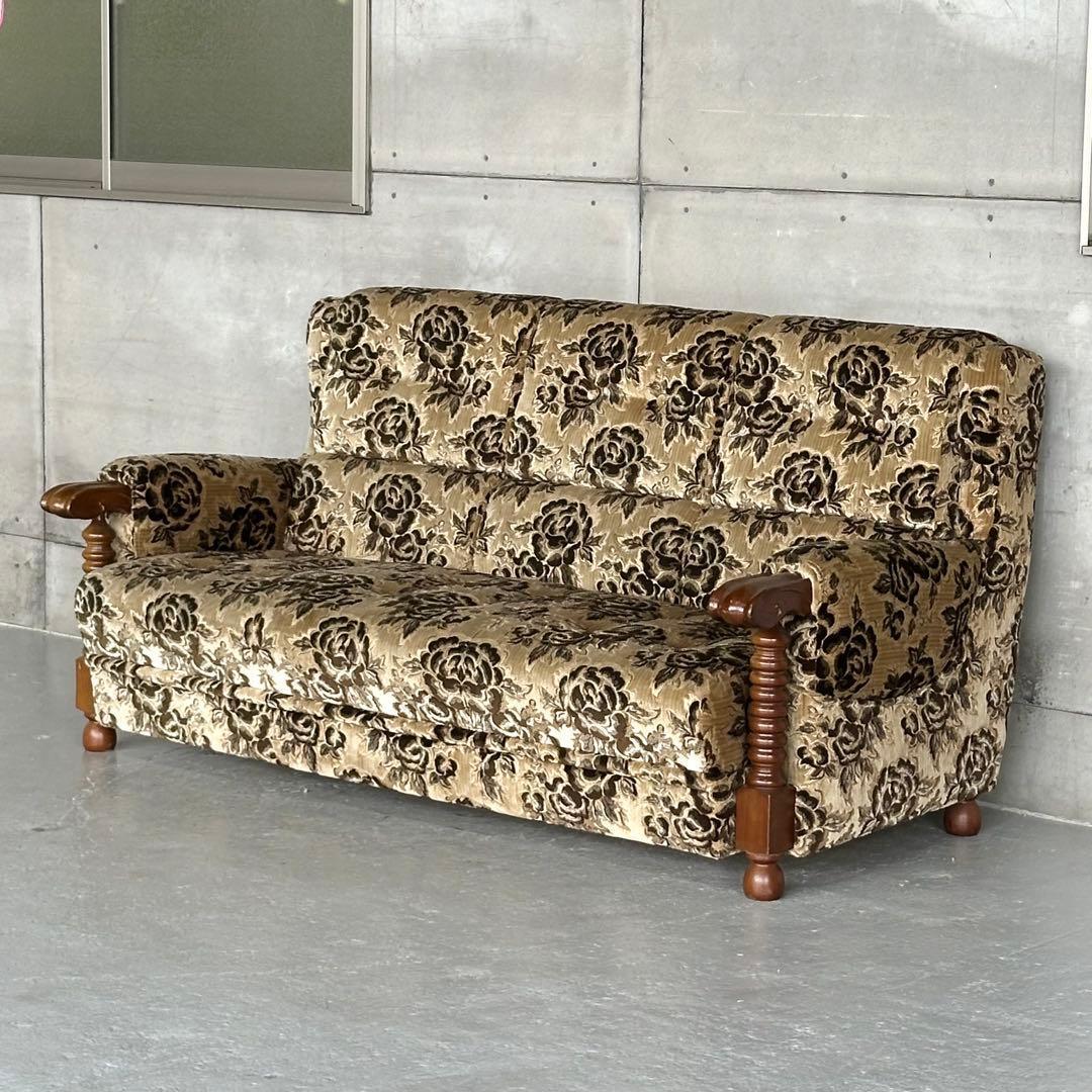 ✦昭和レトロ✦ 花柄モケット 3人掛けソファ 木製アンティーク調 応接ソファー
