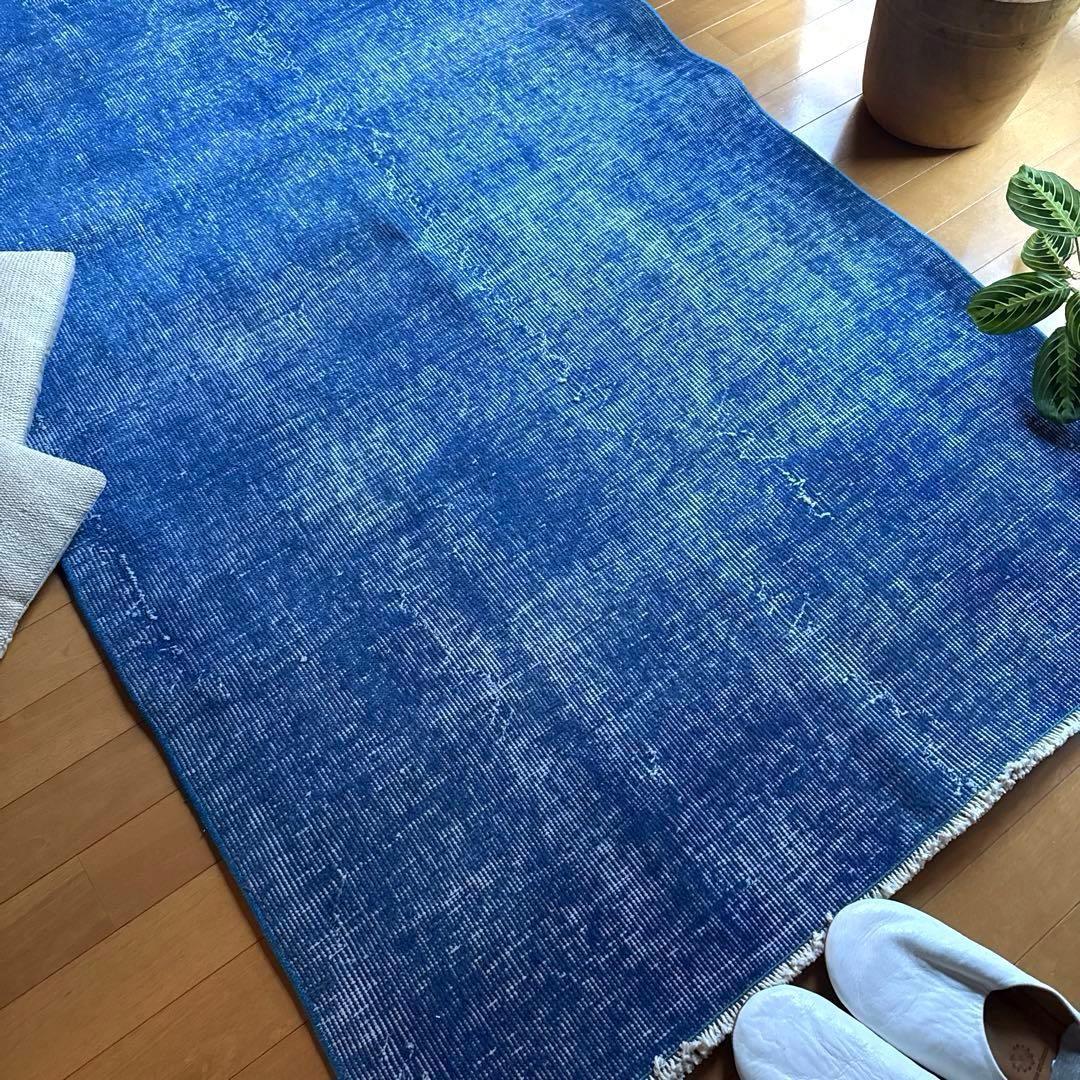 99×212青空色オーバーダイ　ワンカラー　ブルートルコヴィンテージラグ