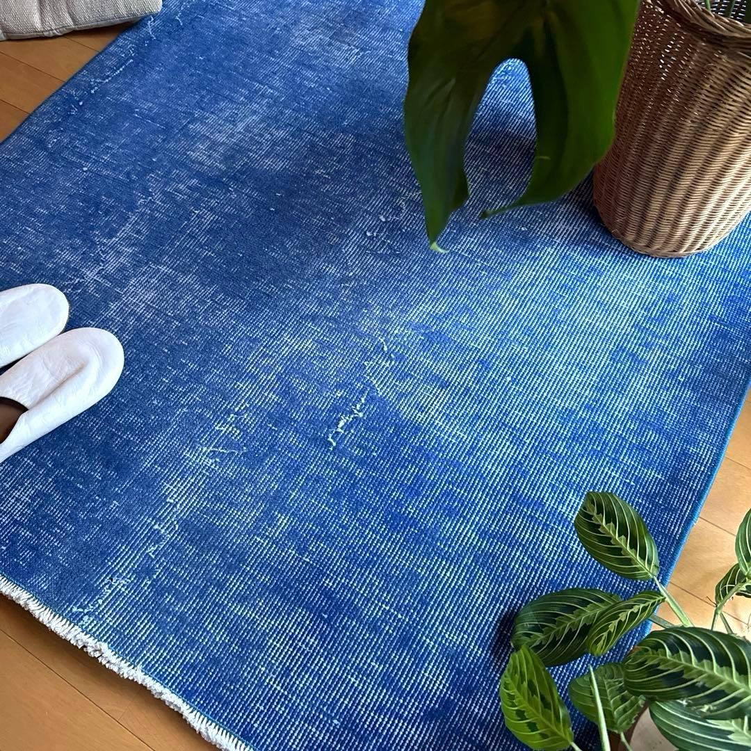 99×212青空色オーバーダイ　ワンカラー　ブルートルコヴィンテージラグ