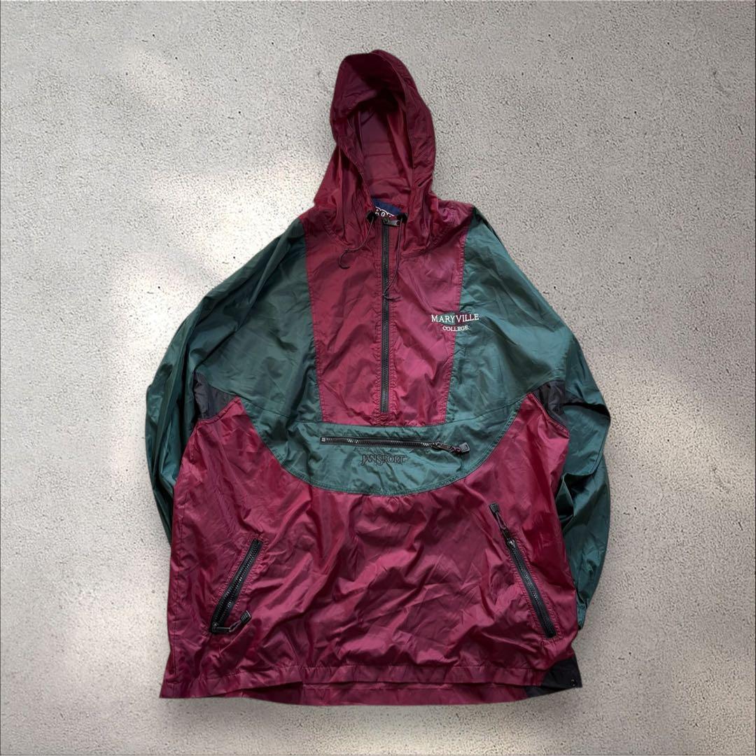 【N71】90s JANSPORTナイロンアノラックパーカーバーガンディ×深緑