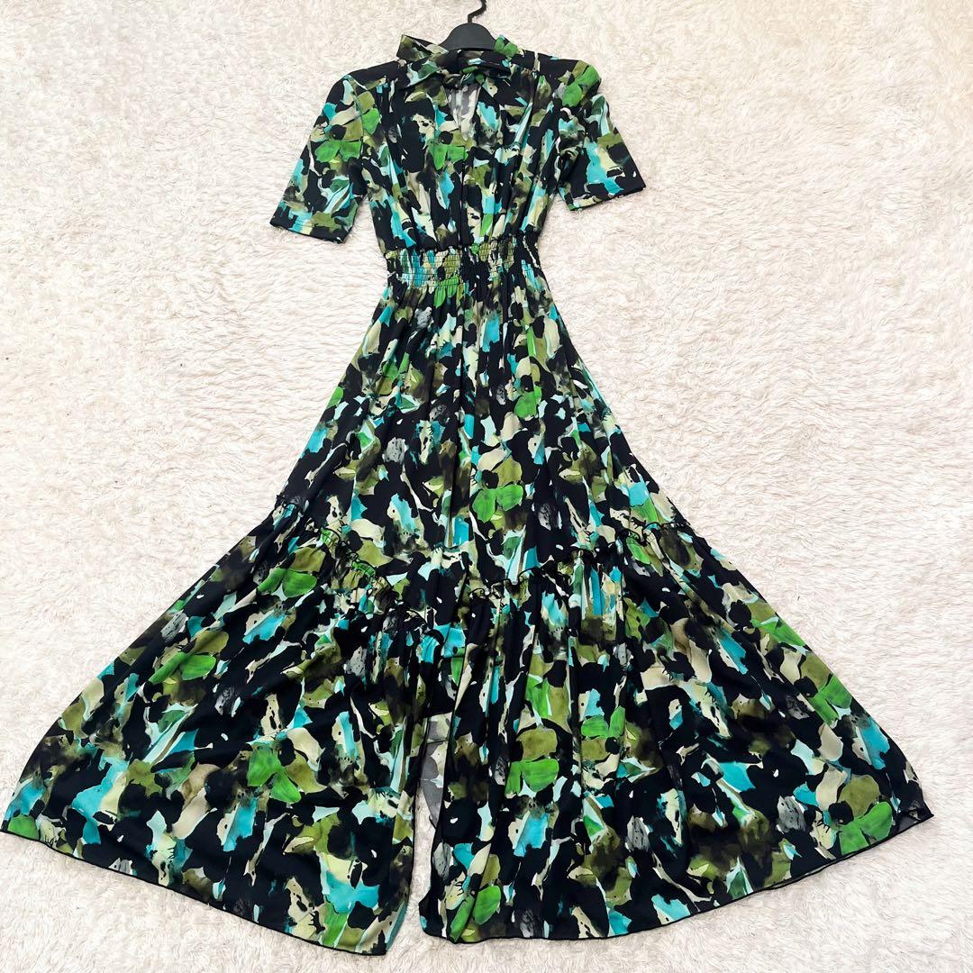 CORCOVADO ボウタイロングワンピース 総柄 グリーン シャーリング