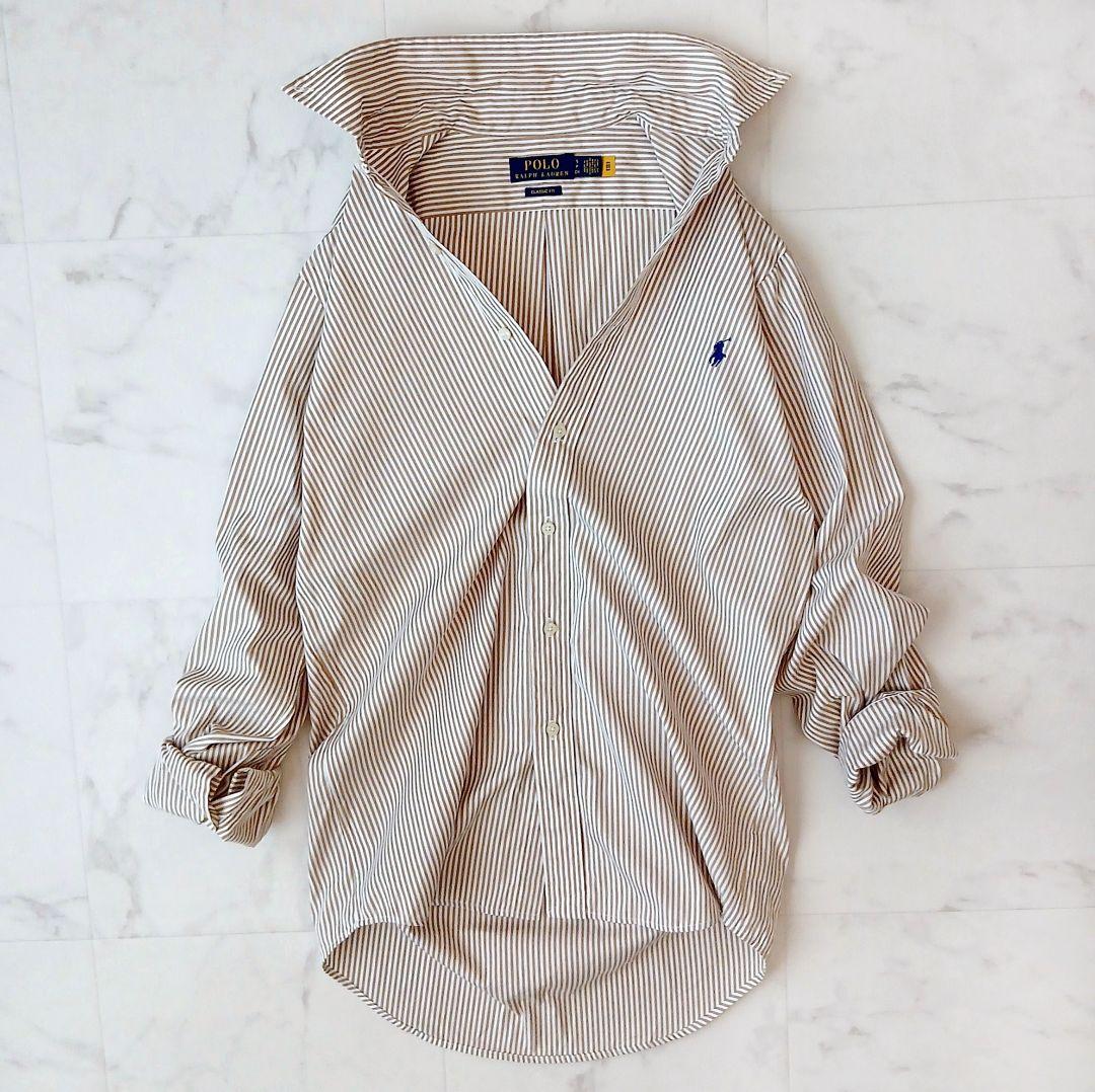 美品 ポロラルフローレン 現行 コットン ベージュストライプ ボタンダウンシャツ