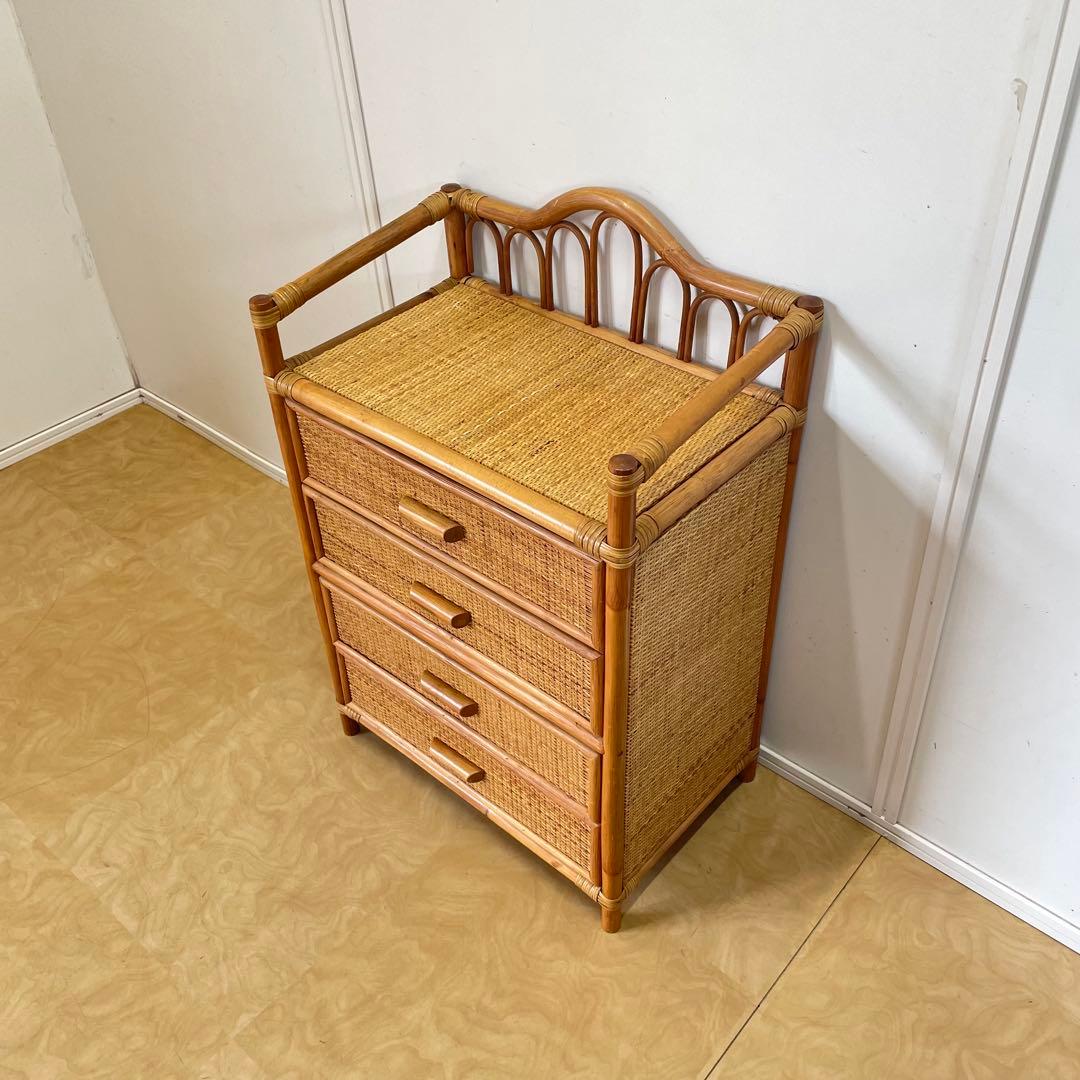 ビンテージ 籐 ラタン 4段チェスト 引き出し 収納 タンス 電話台