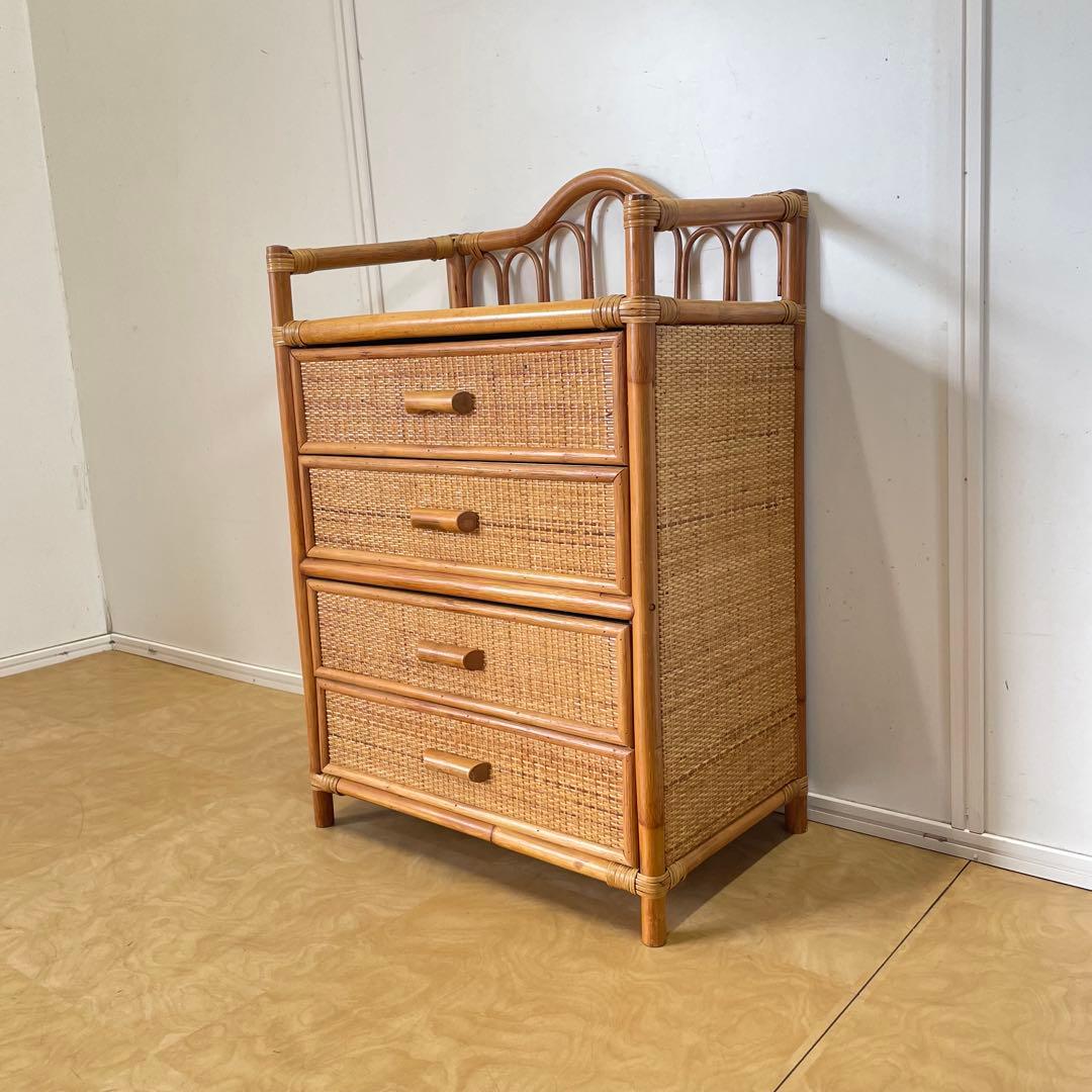 ビンテージ 籐 ラタン 4段チェスト 引き出し 収納 タンス 電話台