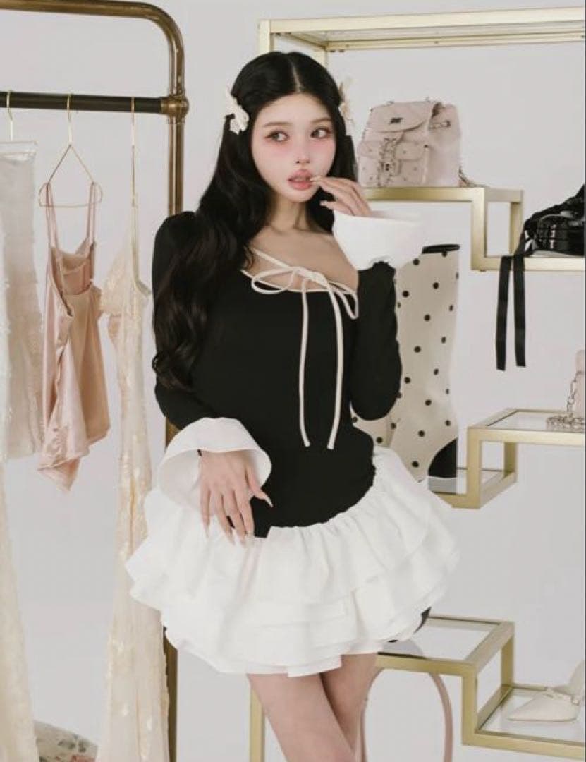 Darich デザインネックリボンミニワンピース ブラック