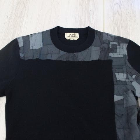 ◇美品 HERMES クルーネックニット 薄手 ネイビー S ウール＆シルク