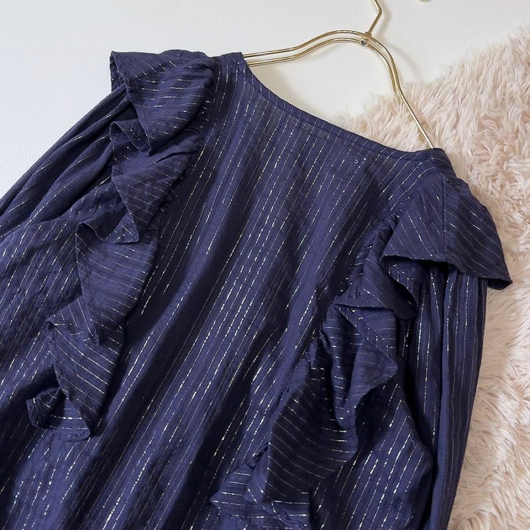 未使用級ꕥサラマリカ 2025 今季 コットンストライプジャガードフリルブラウス