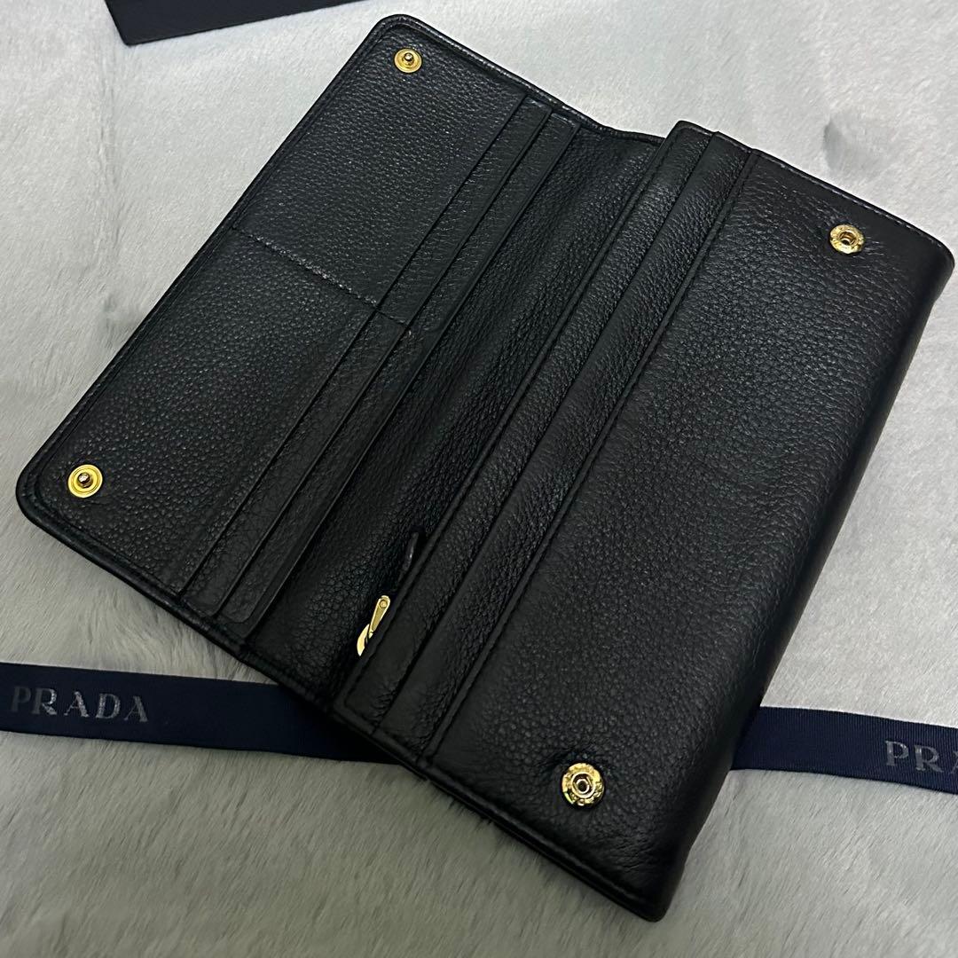 PRADA プラダ　長財布　ゴールドロゴ　シボ革　ブラック