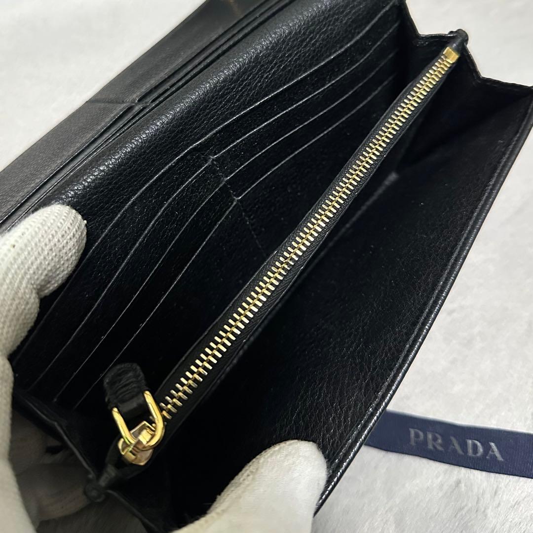 PRADA プラダ　長財布　ゴールドロゴ　シボ革　ブラック