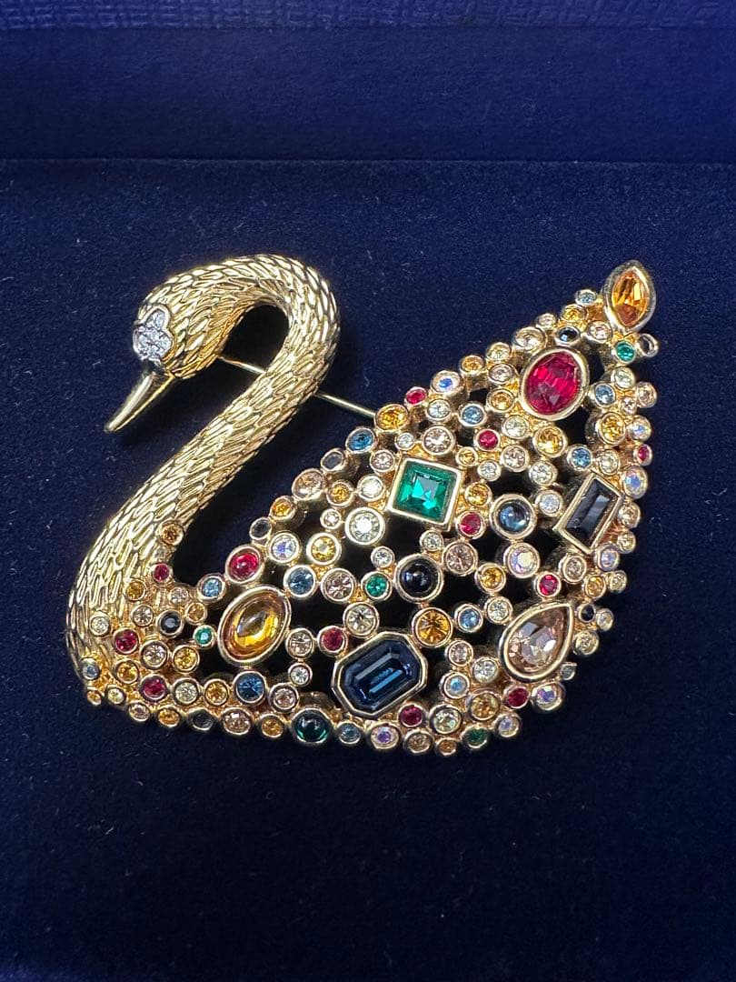 希少　SCS スワロフスキー　スワンブローチ　マルチカラー　ゴールドトーン美品