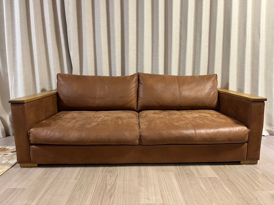 clashgate ブラウンレザー ソファ 木製アームレスト　送料込み