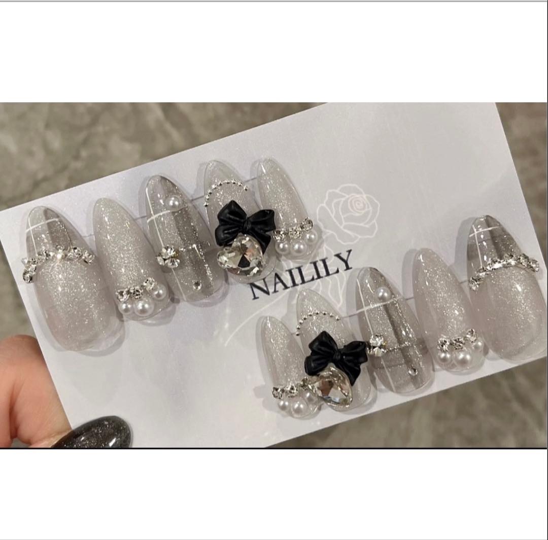 ネイルチップ マグネット チェック リボン ガーリー 韓国 量産型 地雷系