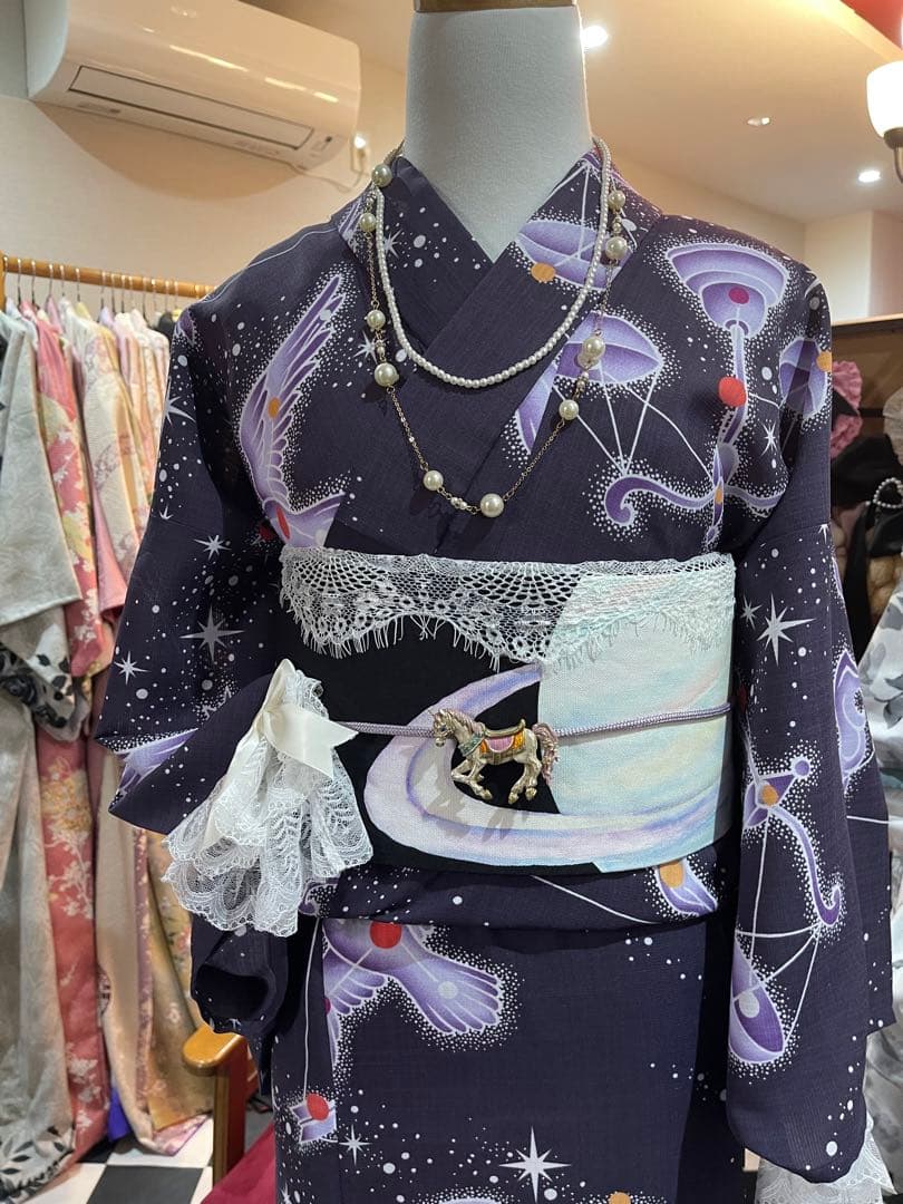 宇宙柄 紫色 浴衣・帯セット