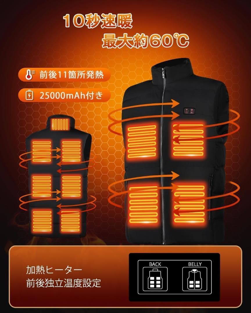 電熱ベスト 加熱ベスト 11箇所発熱 バッテリー付 3段階温度調整 SIZEXL