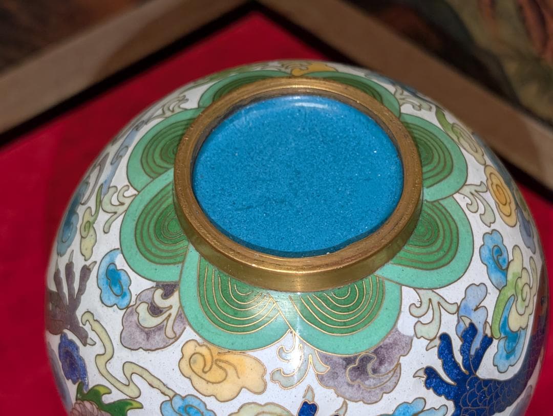 古美術　飾り壺　花瓶　一輪挿し　七宝　瓢箪　雲龍絵　レア　台付